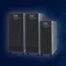 3 UPSy PowerWalker serii FVI CPG 3-fazowe na niebieskim, heksagonalnym tle