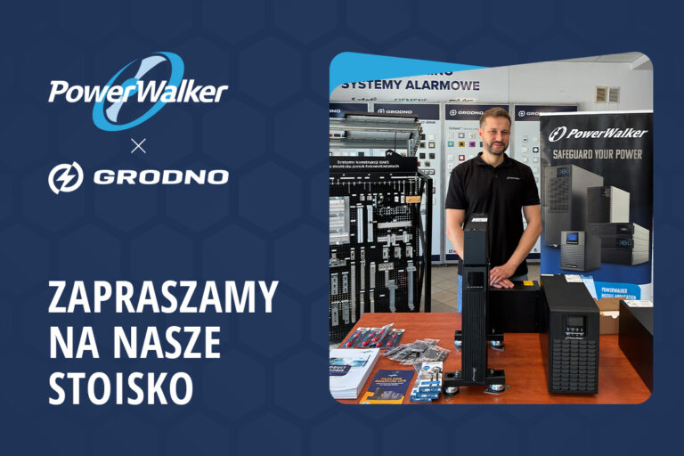 Grafika ze zdjęcie przedstawiciela marki PowerWalker na stoisku salonu elektrohurtowni GRODNO