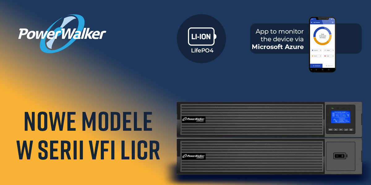 powerwalker blog landing page kafel 6 i 10 kva licr 1000x600 Grafika z gradientem niebiesko-żółtym i UPSem PowerWalker VFI LICR 6kVA