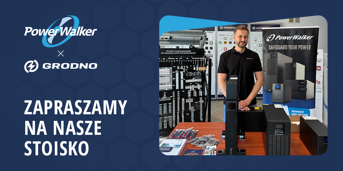 Grafika ze zdjęcie przedstawiciela marki PowerWalker na stoisku salonu elektrohurtowni GRODNO